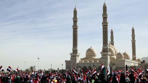 Houthi female loyalists rally to mark the fourth anniversary of the war on March 26, 2019 in Sana'a, Yemen.