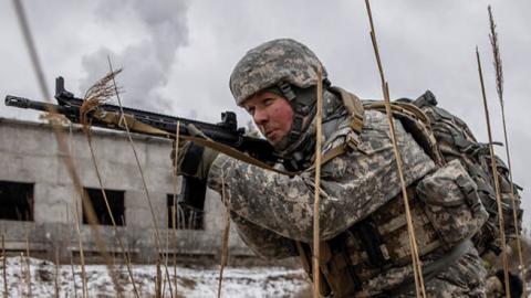 A civilian participates in a Kyiv Territorial Defense unit training session on January 29, 2022, in Kyiv, Ukraine. (Getty Images)