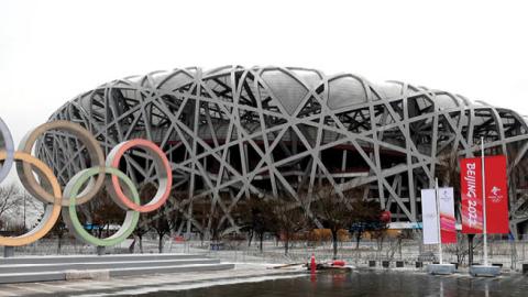 An Olympic Games logo is seen in front of Beijing's National Stadium, also known as the Bird's Nest, on January 20, 2022, in Beijing, China. (Getty Images)