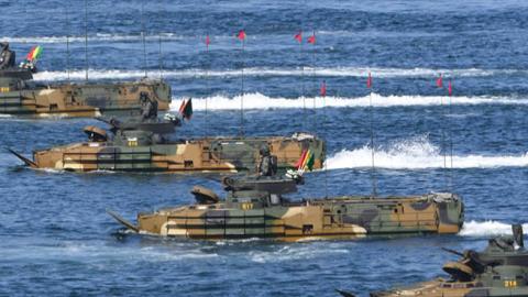 South Korean Marine's assault amphibious vehicles (KAAV) participate in the 73rd Armed Forces Day on October 1, 2021, in Pohang, South Korea. (Getty Images)
