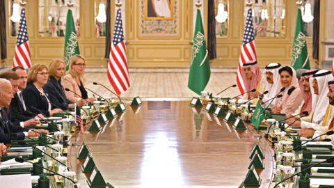 President Joe Biden  takes part in a working session with Crown Prince Mohammed bin Salman at the Al Salam Royal Palace in the Saudi coastal city of Jeddah on July 15, 2022. (Mandel Ngan/AFP via Getty Images)