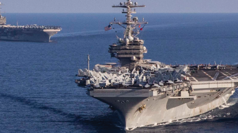 The Nimitz-class aircraft carrier USS  <i>George H.W. Bush </i> operates with the Nimitz-class aircraft carrier USS  <i>Harry S. Truman </i> in the Ionian Sea on August 27, 2022. (US Navy photo/Seaman Samuel Wagner)