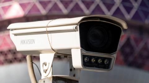 A Hikvision camera is seen in front of the Oriental Pearl Radio & Television Tower at Lujiazui Financial Centre on December 2, 2021, in Shanghai, China. (Wang Gang/VCG via Getty Images)