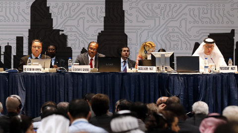 Hamadoun Toure (C), secretary general of the International Telecommunication Union (ITU), addresses a joint press conference on the final day of the World Conference on International Telecommunications. (KARIM SAHIB/AFP/Getty Images)