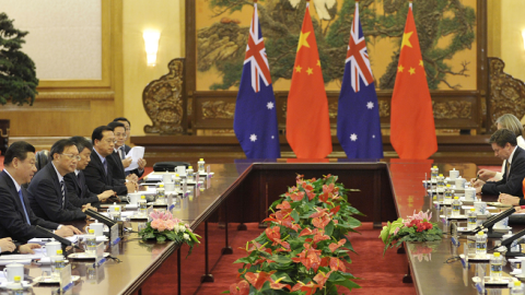 Chinese President Xi Jinping (4th, L) meets with Australian Prime Minister Tony Abbott (4th, R) at the Great Hall of the People on April 11, 2014 in Beijing, China. (Parker Song-Pool/Getty Images)