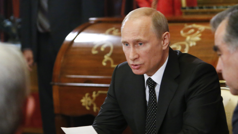 Russia's President Vladimir Putin (C) Tajikistan's President Emomali Rahmon (R) and Armenia's President Serzh Sarkisian of the Collective Security Treaty Organization (CSTO) at the Kremlin in Moscow, on May 8, 2014. (SERGEI KARPUKHIN/AFP/Getty Images)