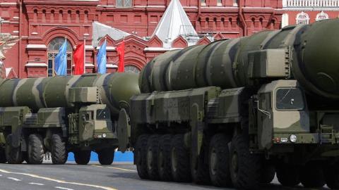 Russian Topol-M ICBMs drive across Red Square in a Victory Day Parade in Moscow on May 9, 2008. (YURI KADOBNOV/AFP/Getty Images)