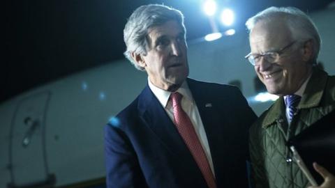 US Secretary of State John Kerry (L) walks with US Special Envoy for Israeli-Palestinian Negotiations Martin Indyk at Ben Gurion International Airport on January 5, 2014 in Tel Aviv. (BRENDAN SMIALOWSKI/AFP/Getty Images)