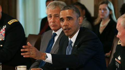 President Obama with Defense Secretary Hagel (3rd L), U.S. Army Chief of Staff Gen. Odienaro (2nd L), Air Force Chief of Staff Gen. Welsh (L) and Chairman of the Joint Chiefs of Staff Gen. Dempsey (R), May 16, 2013 in Washington, DC. (Mark Wilson/Getty)