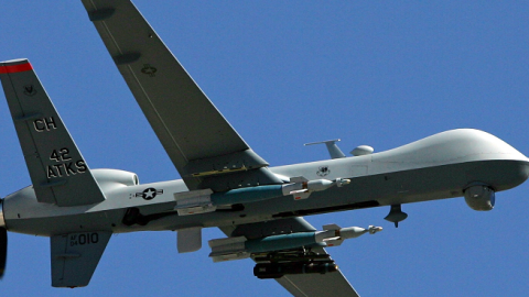 An MQ-9 Reaper flies by August 8, 2007 at Creech Air Force Base in Indian Springs, Nevada.(Ethan Miller/Getty Images)