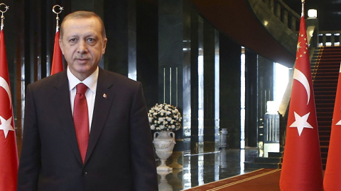 Turkish President Recep Tayyip Erdogan in the new Ak Saray presidential palace (White Palace) on the outskirts of Ankara on October 29, 2014. (ADEM ALTAN/AFP/Getty Images)
