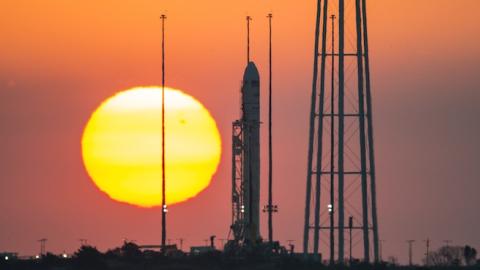 Orbital Sciences Corporation Antares rocket, with the Cygnus spacecraft onboard, sits on launch Pad-0A during sunrise October 25, 2014, at NASA's Wallops Flight Facility, Wallops Island, Virginia. (NASA/Joel Kowsky via Getty Images)