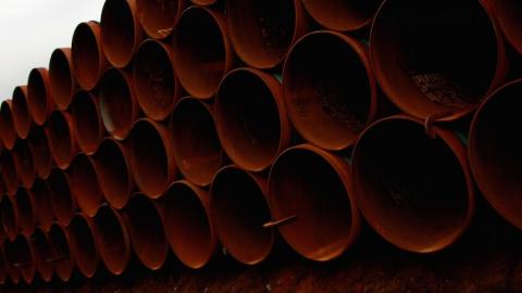 Pipe is stacked at the southern site of the Keystone XL pipeline on March 22, 2012 in Cushing, Oklahoma. (Tom Pennington/Getty Images)