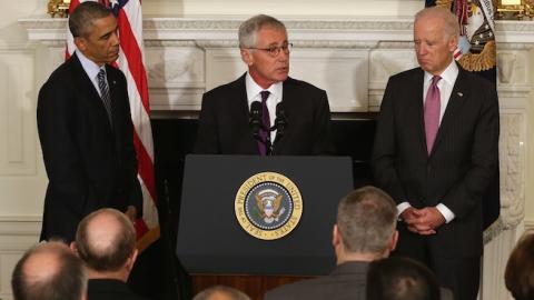 U.S. Secretary of Defense Chuck Hagel (C) speaks as President Barack Obama (L) and Vice President Joe Biden look on during a press conference announcing Hagel's resignation, November 24, 2014. (Chip Somodevilla/Getty Images)