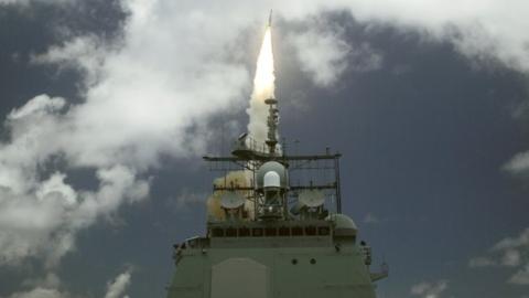 A Standard Missile Three (SM-3) is launched from the guided missile cruiser USS Shiloh during a joint Missile Defense Agency, U.S. Navy ballistic missile flight test June 22, 2006 in the Pacific Ocean. (Chris Bishop/U.S. Navy via Getty Images)