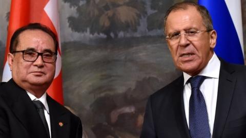 Russian Foreign Minister Sergei Lavrov (R) and North Korea's Foreign Minister Ri Su Yong shake hands during a signing ceremony in Moscow on October 1, 2014. (KIRILL KUDRYAVTSEV/AFP/Getty Images)