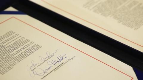 The Keystone XL Pipeline Approval Act with the signature of Speaker of the House Rep. John Boehner (R-OH) and Sen. Orrin Hatch (R-UT) in the Rayburn Room of the Capitol February 13, 2015 on Capitol Hill in Washington, DC. (Alex Wong/Getty Images)