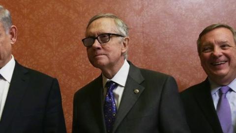 Israeli Prime Minister Benjamin Netanyahu (L) with U.S. Senate Minority Leader Sen. Harry Reid (D-NV) (C)  and Minority Whip Sen. Richard Durbin (D-IL) (R) at the U.S. Capitol March 3, 2015 in Washington, DC. (Alex Wong/Getty Images)