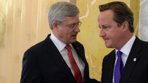 Prime Minister of Canada Stephen Harper and British Prime Minister David Cameron at the G20 Summit on September 6, 2013 in St. Petersburg, Russia. (Valeriy Melnikov/Host Photo Agency via Getty Images)