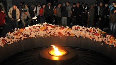 Armenians at the genocide monument to their kin killed by Ottoman Turks during World War I in Yerevan late in on April 23, 2012. (KAREN MINASYAN/AFP/Getty Images)