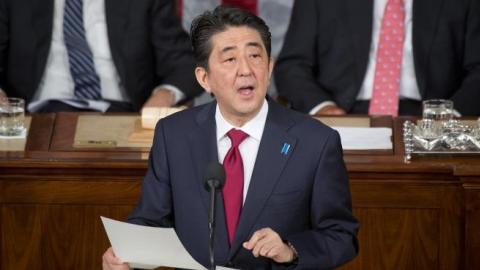 Japanese Prime Minister Shinzo Abe addresses a joint meeting of Congress in the Capitol's House chamber, April 29, 2015. (Tom Williams/CQ Roll Call)
