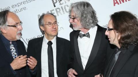  (L-R): Jeremy Spiegelman, Charlie Hebdo editor-in-chief Gerard Biard, New Yorker Cartoon Editor Bob Mankoff and Charlie Hebdo film critic Jean-Baptiste Thoret, PEN American Center Literary Gala, May 5, 2015, New York City. (Jemal Countess/Getty Images)