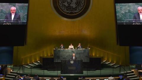 Dr. Mohammad Javad Zarif, Minister for Foreign Affairs of Iran, addresses the 2015 Review Conference of the Parties to the Treaty on the Non-Proliferation of Nuclear Weapons April 27, 2015 at the UN, New York. (TIMOTHY A. CLARY/AFP/Getty Images)