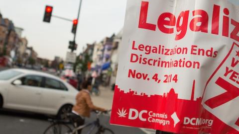 A sign promoting the DC Cannabis Campaign's initiative to legalize marijuana is displayed on a corner in the Adams Morgan neighborhood on November 4, 2014 in NW Washington D.C. (Allison Shelley/Getty Images)