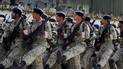 Iranian Revolutionary Guards march during a parade commemorating the 31st anniversary of Iran-Iraq war on September 22, 2011 in Tehran, Iran. (Kaveh Kazemi/Getty Images)