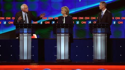 Democratic presidential candidates Jim Webb, Bernie Sanders, Hillary Clinton, Martin O'Malley and Lincoln Chafee debate at Wynn Las Vegas, October 13, 2015. (Joe Raedle/Getty Images)