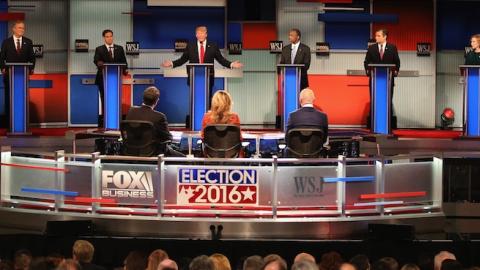 Presidential candidates John Kasich, Jeb Bush, Marco Rubio, Donald Trump, Ben Carson, Ted Cruz, Carly Fiorina, and Rand Paul at the GOP Presidential Debate, Milwaukee, Wisconsin, November 10, 2015. (Scott Olson/Getty Images)