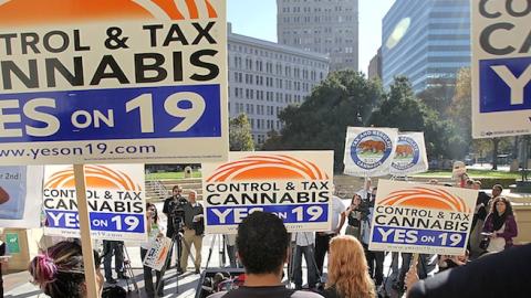 Supporters of Prop 19, a marijuana legalization initiative, rally on the steps of Oakland City hall in Oakland, November 2, 2010.(Brian van der Brug/Los Angeles Times via Getty Images)
