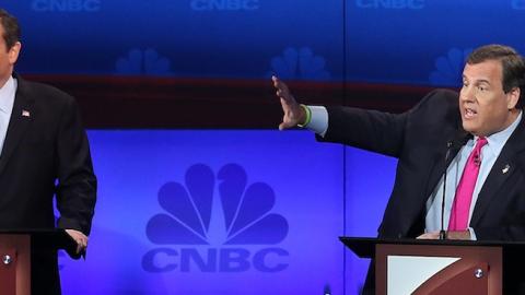 Presidential candidates Sen. Ted Cruz (R-TX) (L) and New Jersey Governor Chris Christie (R) in the CNBC Republican Presidential Debate at University of Colorado's Coors Events Center October 28, 2015 in Boulder, Colorado. (Andrew Burton/Getty Images)