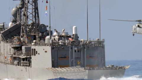 A US-made 70-C helicopter lands on a Perry-class frigate during the Han Kuang drill on the sea near eastern Hualien on September 17, 2014. (SAM YEH/AFP/Getty Images)