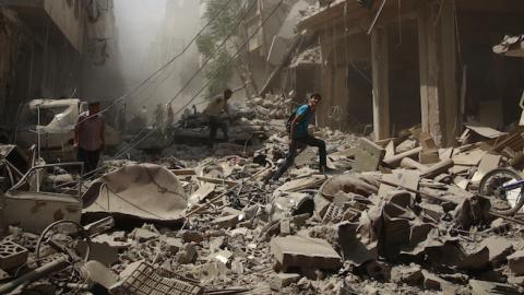 Syrians walk amid the rubble of destroyed buildings following reported air strikes by regime forces in the rebel-held area of Douma, east of the capital Damascus, on August 30, 2015. (ABD DOUMANY/AFP/Getty Images)