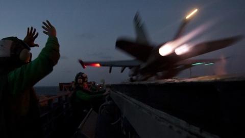 An F/A-18C Hornet aircraft attached to Strike Fighter Squadron 97 launches off the flight deck of the aircraft carrier USS John C. Stennis (CVN 74) while in the Arabian Sea on Jan. 15, 2012. (DoD/Released)