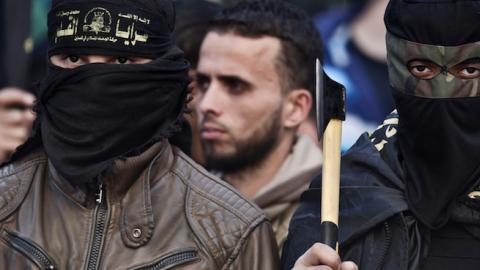 Palestinian Islamic Jihad militants take part in an anti-Israel rally in the town of Rafah in the southern Gaza Strip on December 18, 2015. (SAID KHATIB/AFP/Getty Images)