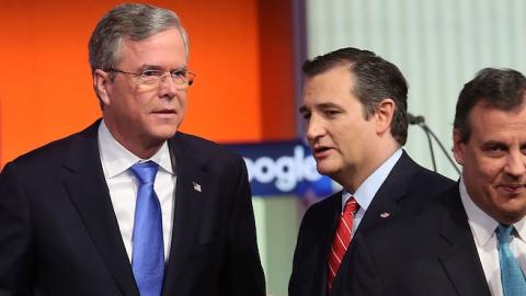 Republican presidential candidates (L-R) Jeb Bush, Sen. Ted Cruz (R-TX) and New Jersey Governor Chris Christie GOP Debate January 28, 2016 in Des Moines, Iowa. (Scott Olson/Getty Images)