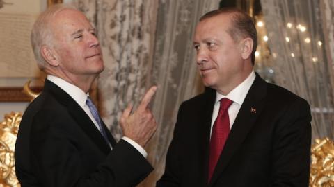 US Vice President Joe Biden (L) gestures next to Turkish President Recep Tayyip Erdogan after a meeting at Yildiz Mabeyn Palace on January 23, 2016 in Istanbul. (SEDAT SUNA/AFP/Getty Images)