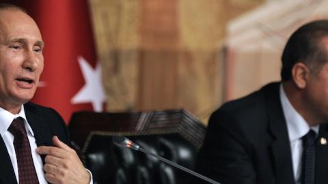 Then-Turkish Prime Minister Recep Tayyip Erdogan (R) and Russia's president Vladimir Putin give a press conference in Istanbul on December 3, 2012. (BULENT KILIC/AFP/Getty Images)