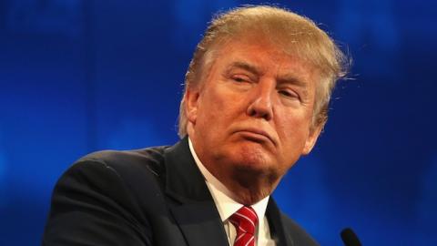 Presidential candidates Donald Trump pauses during the CNBC Republican Presidential Debate at University of Colorados Coors Events Center October 28, 2015 in Boulder, Colorado. (Justin Sullivan/Getty Images)