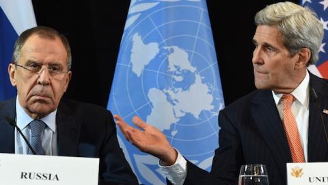 US Secretary of States John Kerry (R) beside of Russian Foreign Minister Sergei Lavrov (L) after the International Syria Support Group (ISSG) meeting in Munich on February 12, 2016. (CHRISTOF STACHE/AFP/Getty Images)