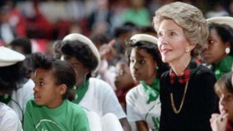 Nancy Reagan attending a 'Just Say No' rally with children at Kaiser Arena in Oakland, California, November 26, 1985. (White House Photographic Office/Released)