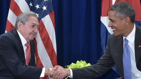 US President Barack Obama shakes hands with Cuba's President Raul Castro during the United Nations General Assembly at UN headquarters in New York on September 29, 2015. (MANDEL NGAN/AFP/Getty Images)