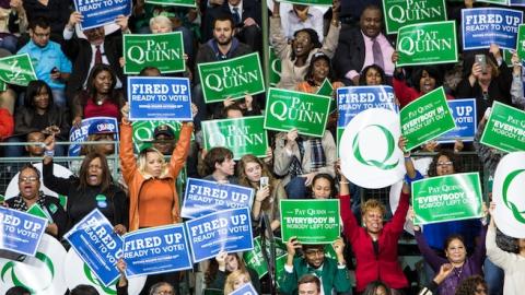 Governor Pat Quinn is joined by President Barack Obama for a get out the vote campaign rally at Chicago State University, Chicago, IL, October 19, 2014. (Sara Mays/Quinn for Illinois/Flickr)