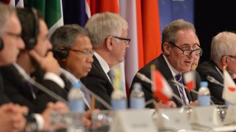 US Trade Representative Mike Froman (C) speaks at a press conference for the Trans-Pacific Partnership (TPP), a pan-Pacific trade agreement by trade ministers from 12 nations in Sydney on October 27, 2014. (PETER PARKS/AFP/Getty Images)