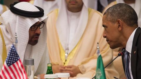 US President Barack Obama (R) speaks with Sheikh Mohammed bin Zayed al-Nahyan (L), Crown Prince of Abu Dhabi, during the US-Gulf Cooperation Council Summit in Riyadh, on April 21, 2016. (JIM WATSON/AFP/Getty Images)