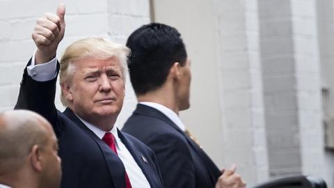 Republican US Presidential candidate Donald Trump arrives for a meeting with Speaker of the House Paul Ryan (R-WI) at the National Republican Congressional Committee May 12, 2016 in Washington, DC. (BRENDAN SMIALOWSKI/AFP/Getty Images)