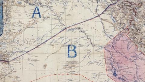 Map of Sykes–Picot Agreement showing Eastern Turkey in Asia, Syria and Western Persia, and areas of control and influence agreed between the British and the French, Royal Geographical Society. (Wikimedia)