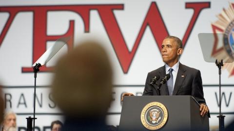 Army veteran James P. Wainscoat shouts at US President Barack Obama at the David Lawrence Convention Center on July 21, 2015 in Pittsburgh, Pennsylvania. (Jeff Swensen/Getty Images)